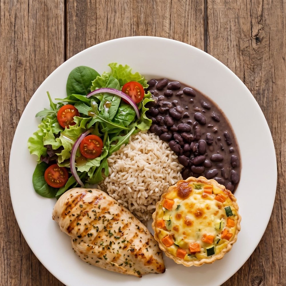 Prato equilibrado e colorido: salada, arroz, feijão, frango grelhado e legumes